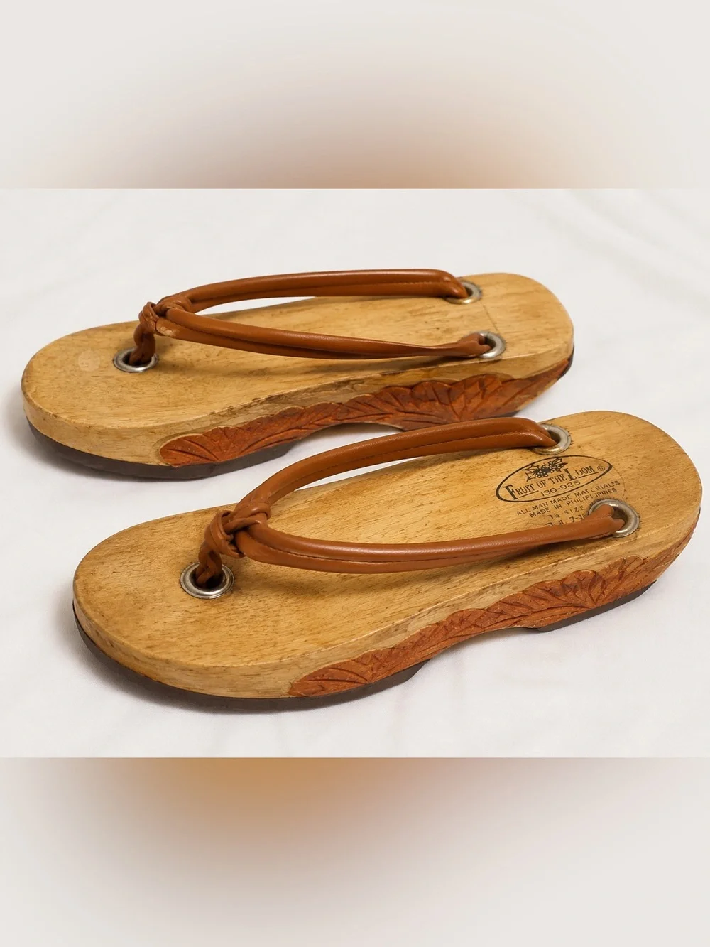 Vintage Fruit of the Loom Wooden Sandals Slides Carved Platform Size 7-7.5
